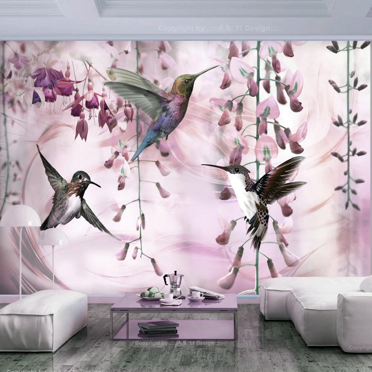 Papier peint intissé panoramique Animaux Flying Hummingbirds (Pink) rose, EDEN