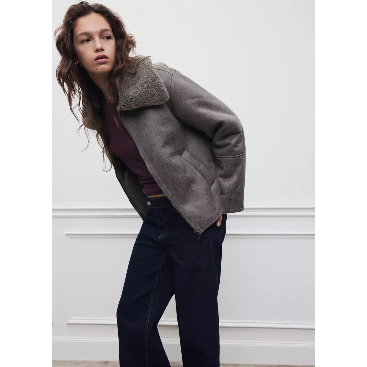 Manteau oversize imitation mouton retourné gris, MANGO TEEN