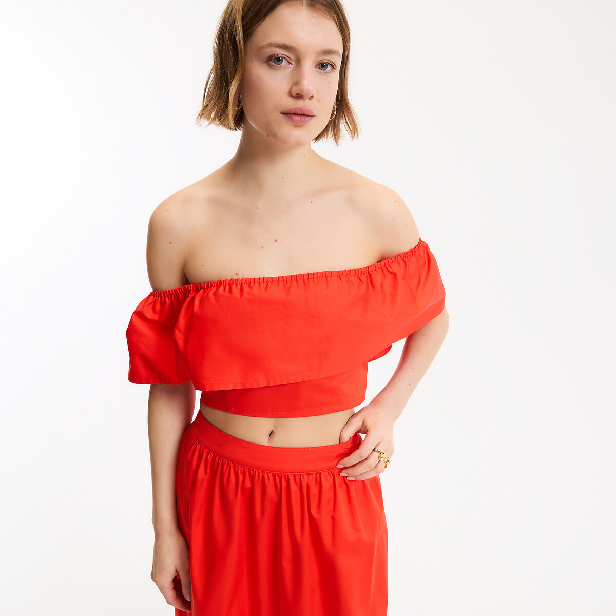 Cropped Ruffled Bardot Top red orange, LA REDOUTE COLLECTIONS