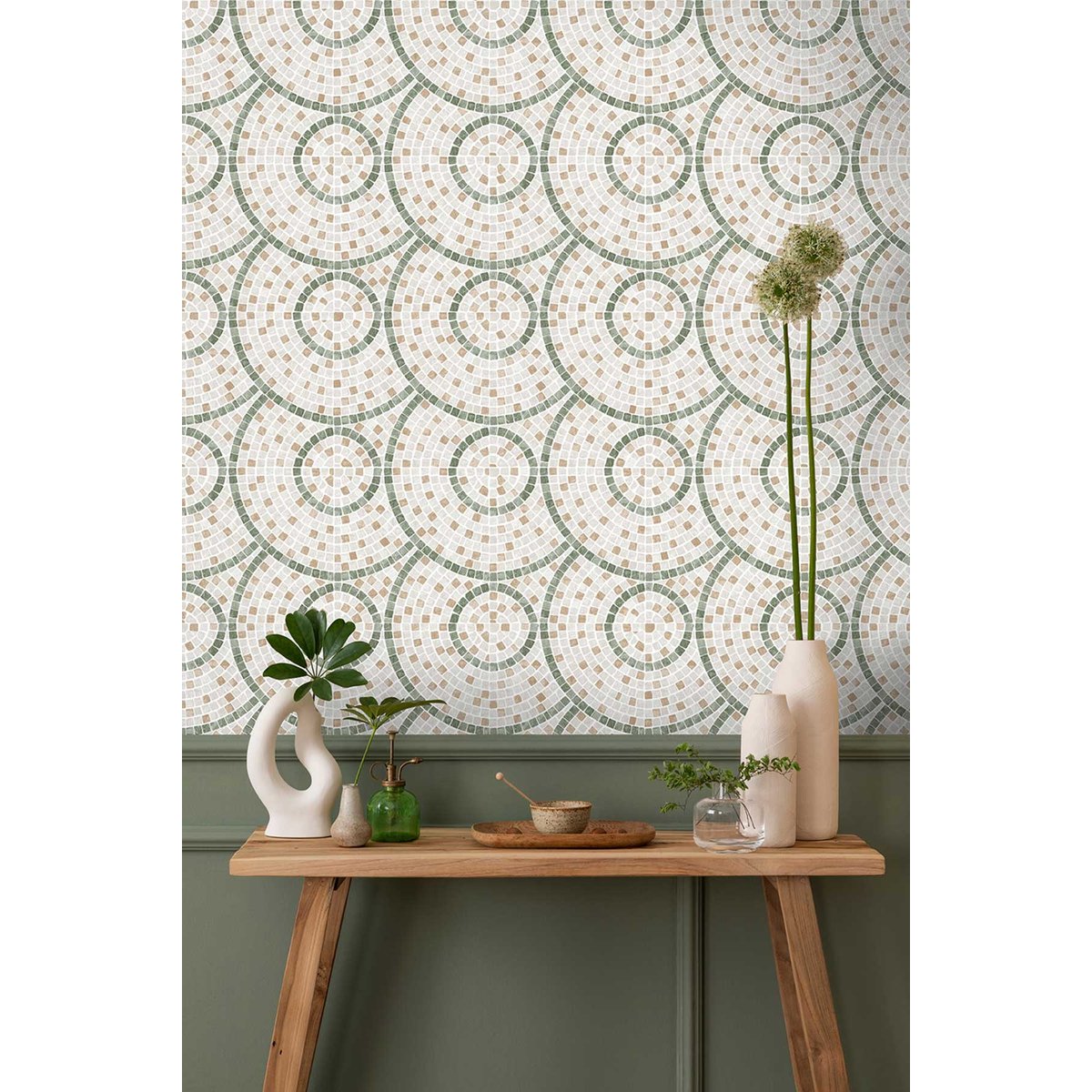 Papier peint mosaïque vert et beige vert, HEXOA
