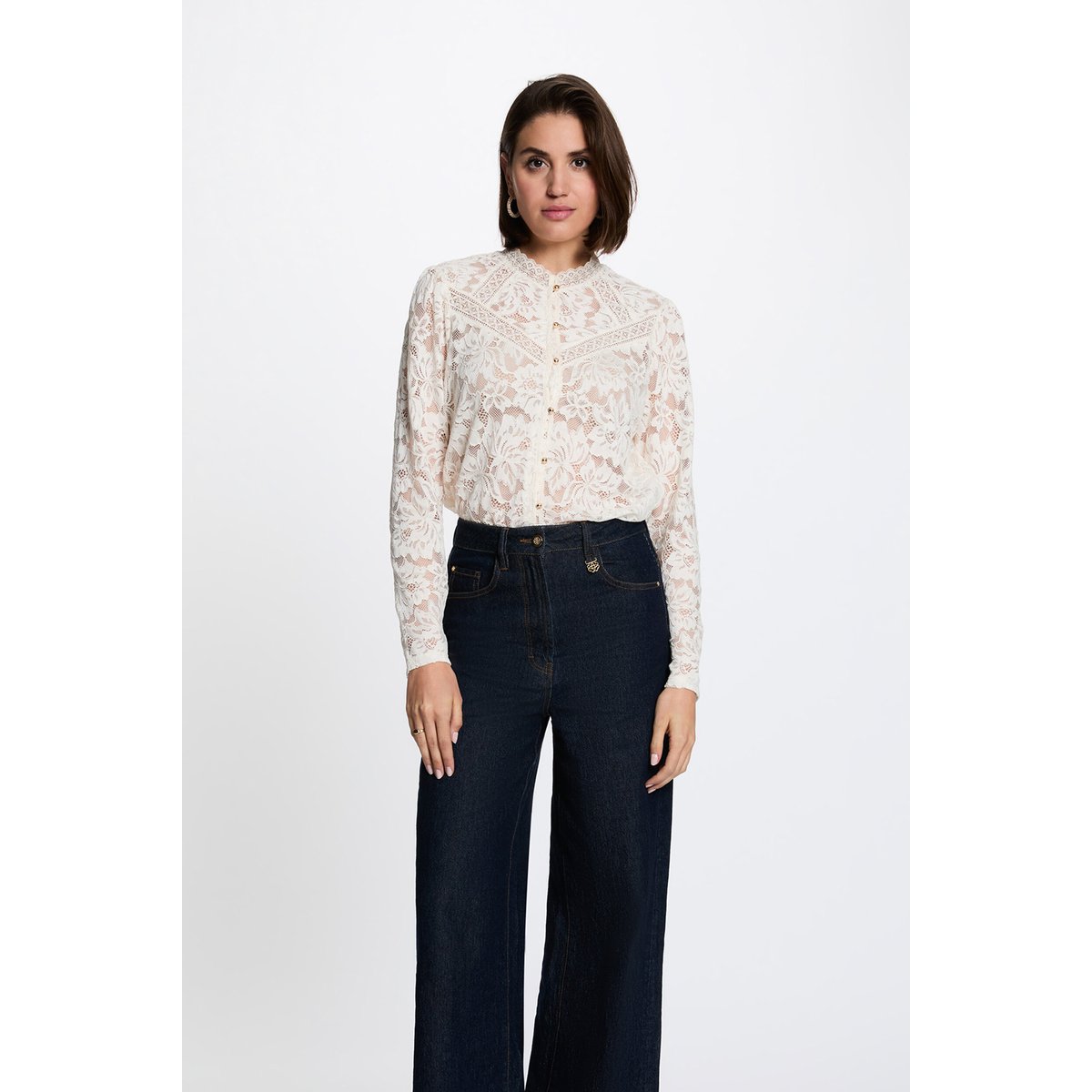 T-shirt dentelle col montant ivoire, MORGAN