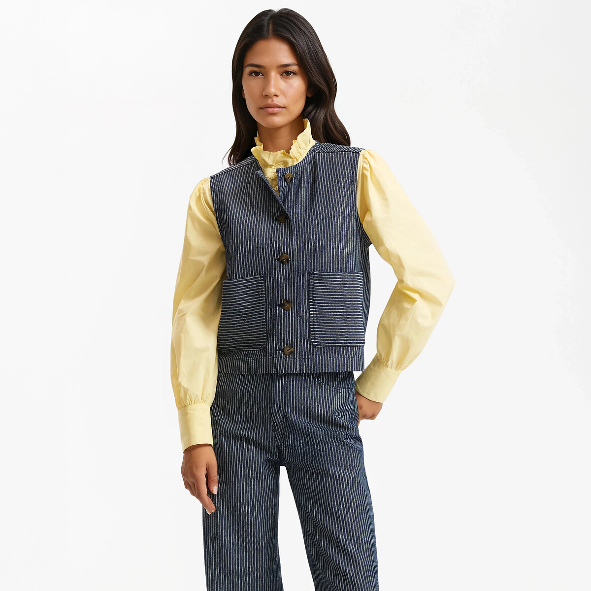 Veste sans manches, coupe droite, denim à rayures rayé bleu marine/blanc, LA REDOUTE COLLECTIONS