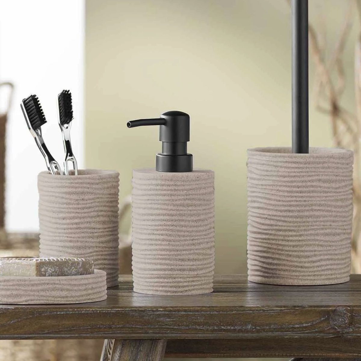 Distributeur de savon - Effet strié pour salle de bain sable, DOUCEUR D'INTÉRIEUR