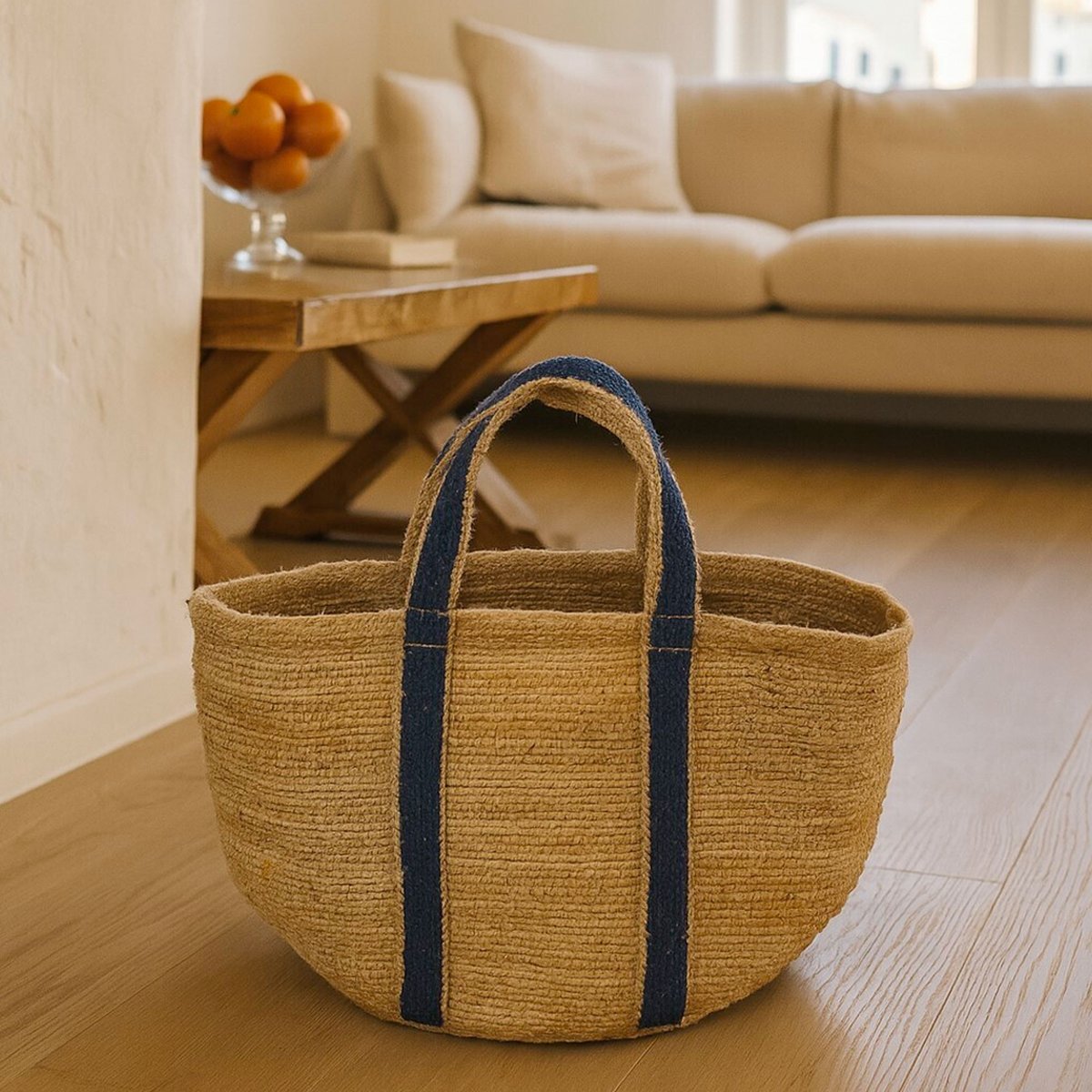 Panier de course en jute tressé avec anse bleu 40x35x30cm bleu, WADIGA