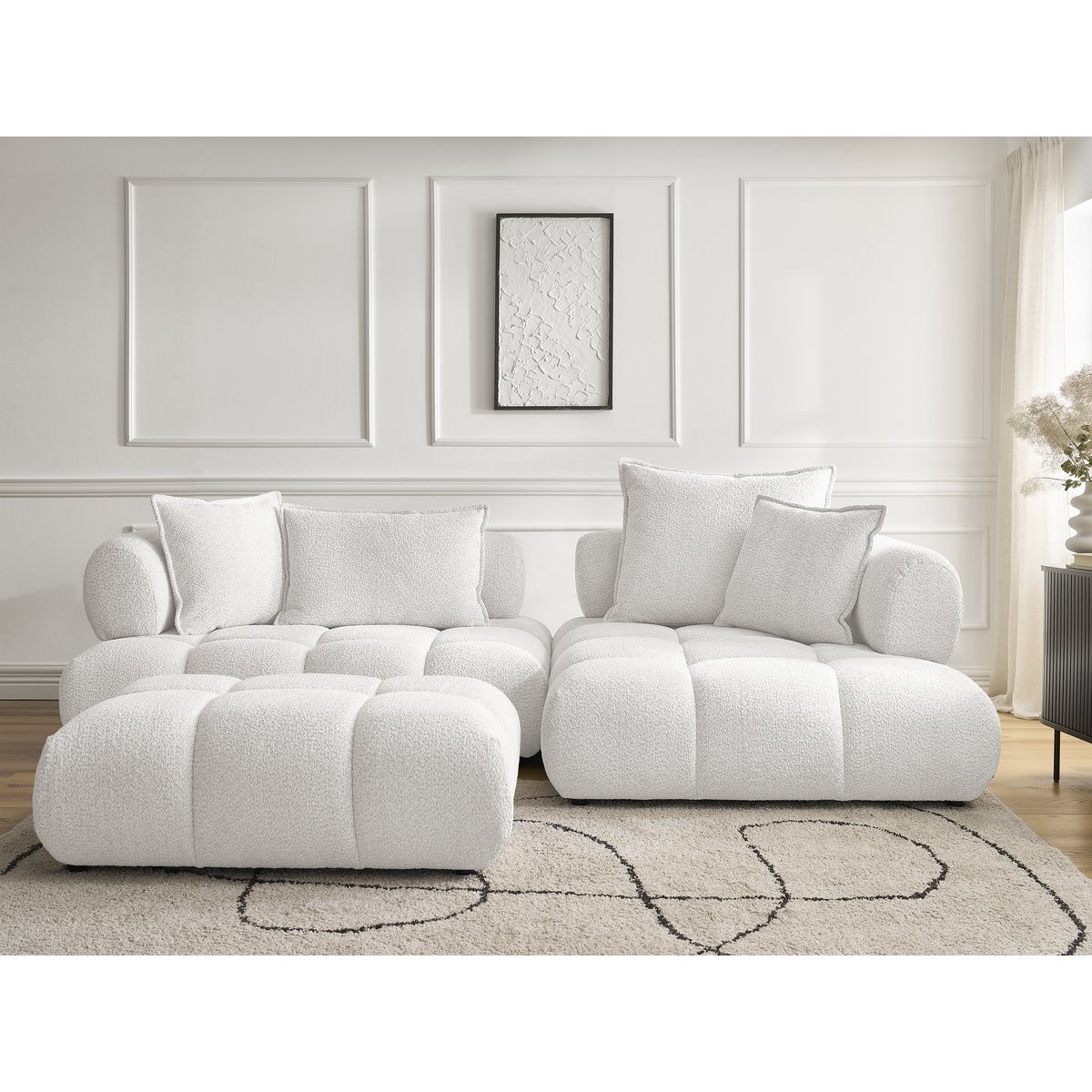 Canapé d'angle fixe 4 places en tissu bouclette avec pouf, ALYA blanc, BOBOCHIC