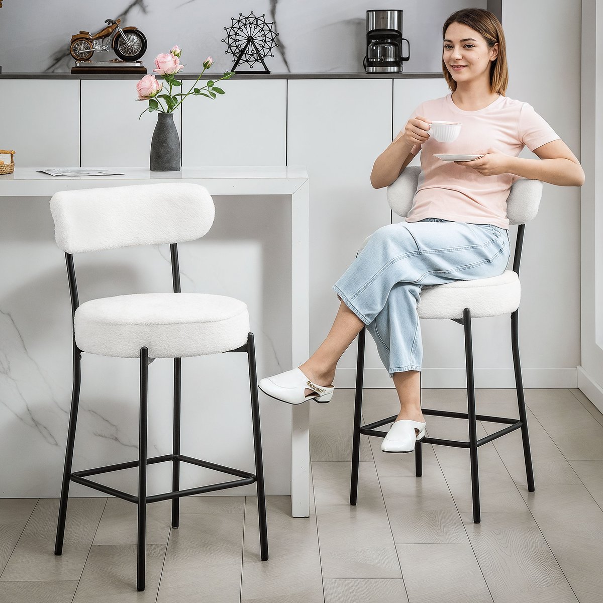 Tabouret de bar Tissu bouclette Crème crème, HOMCOM