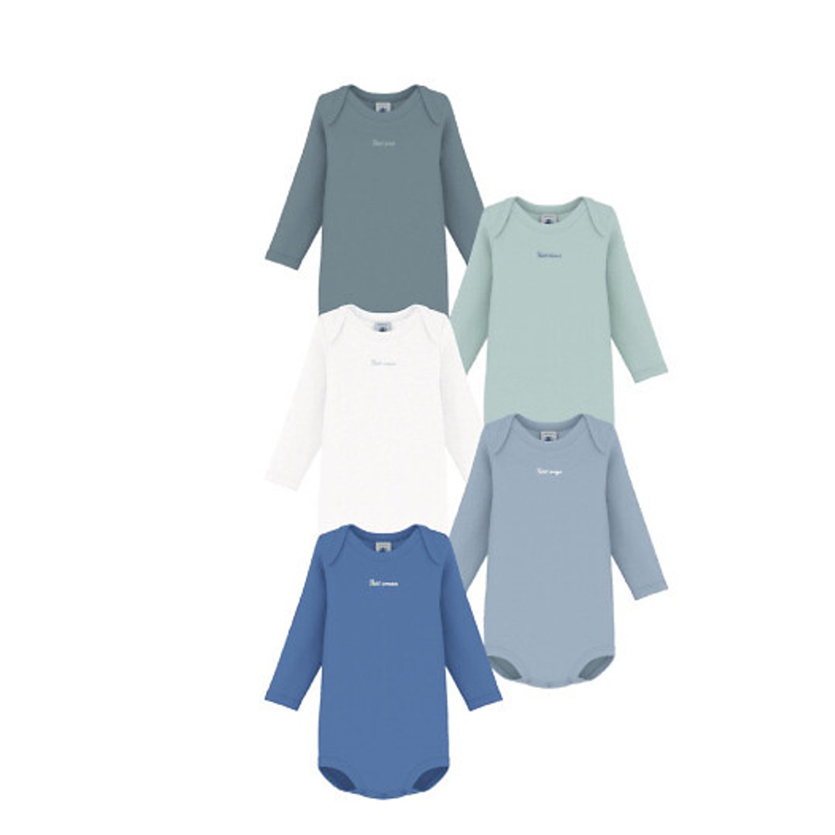 Lot de 5 bodies imprimés en coton vert + bleu + blanc, PETIT BATEAU