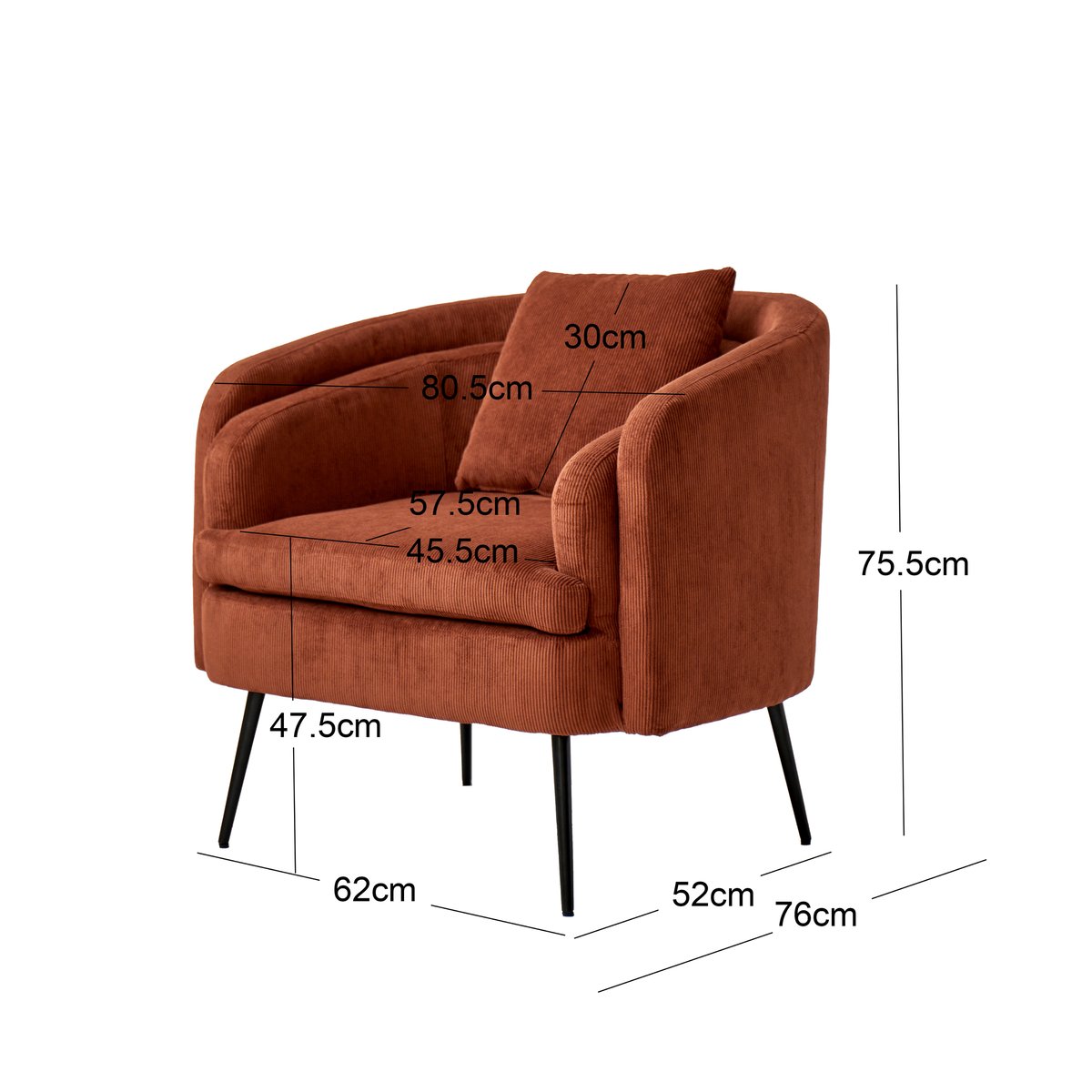 Fauteuil de salon en velours côtelé, DUKE terracotta, NORDLYS