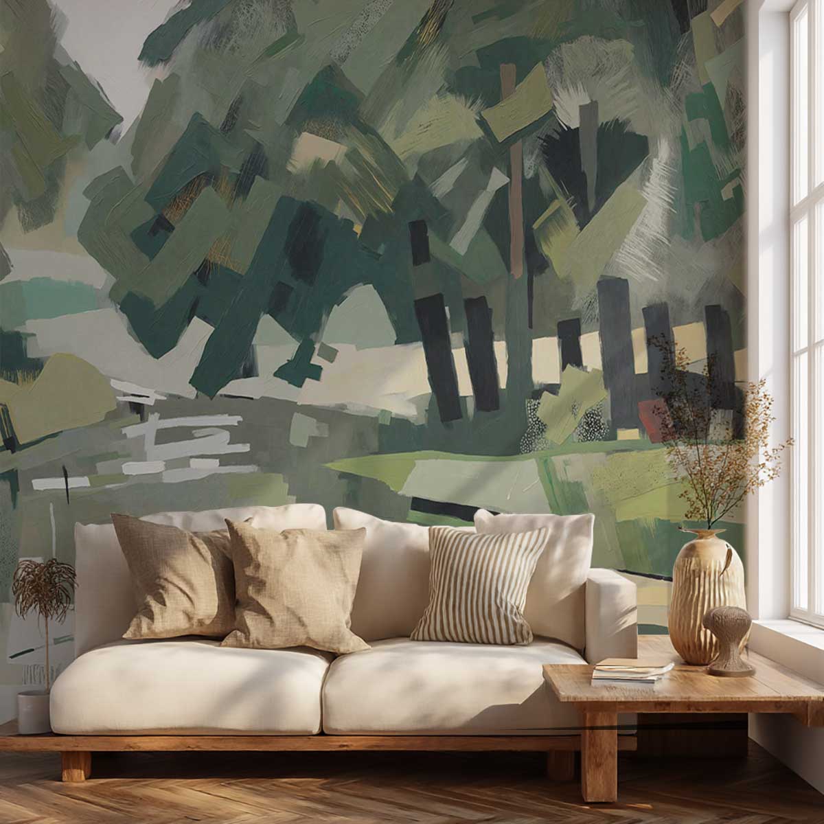 Papier peint Sous-bois cubiste vert olive vert, HEXOA