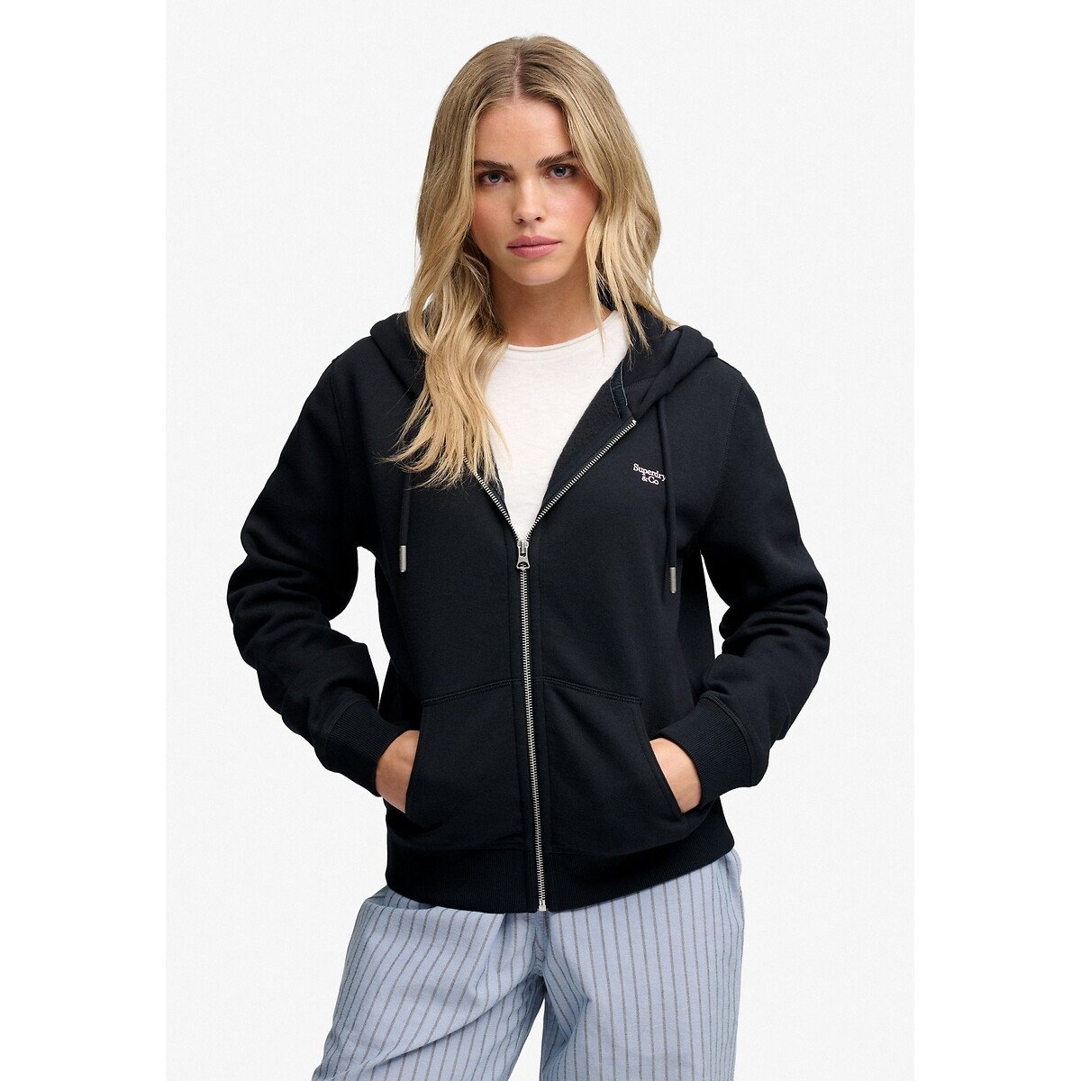Kapuzen-Sweatjacke mit Reissverschluss und gesticktem Signature-Logo marine, SUPERDRY