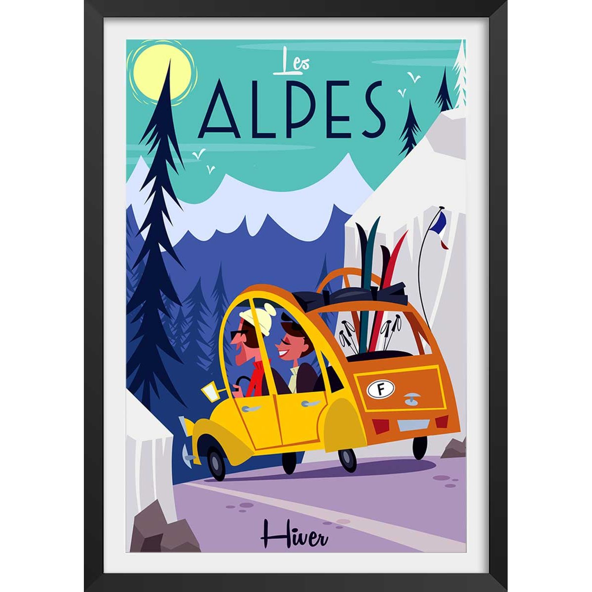 Poster de sur la route des alpes affiche + cadre en bois - noir, HEXOA