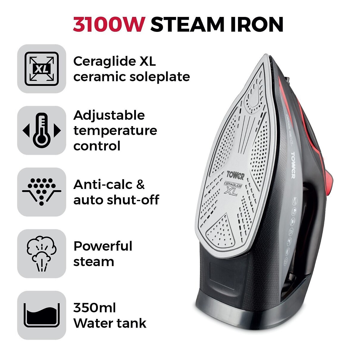 3100W Ceraglide Steam Iron with XL Soleplate - T22032 red, TOWER