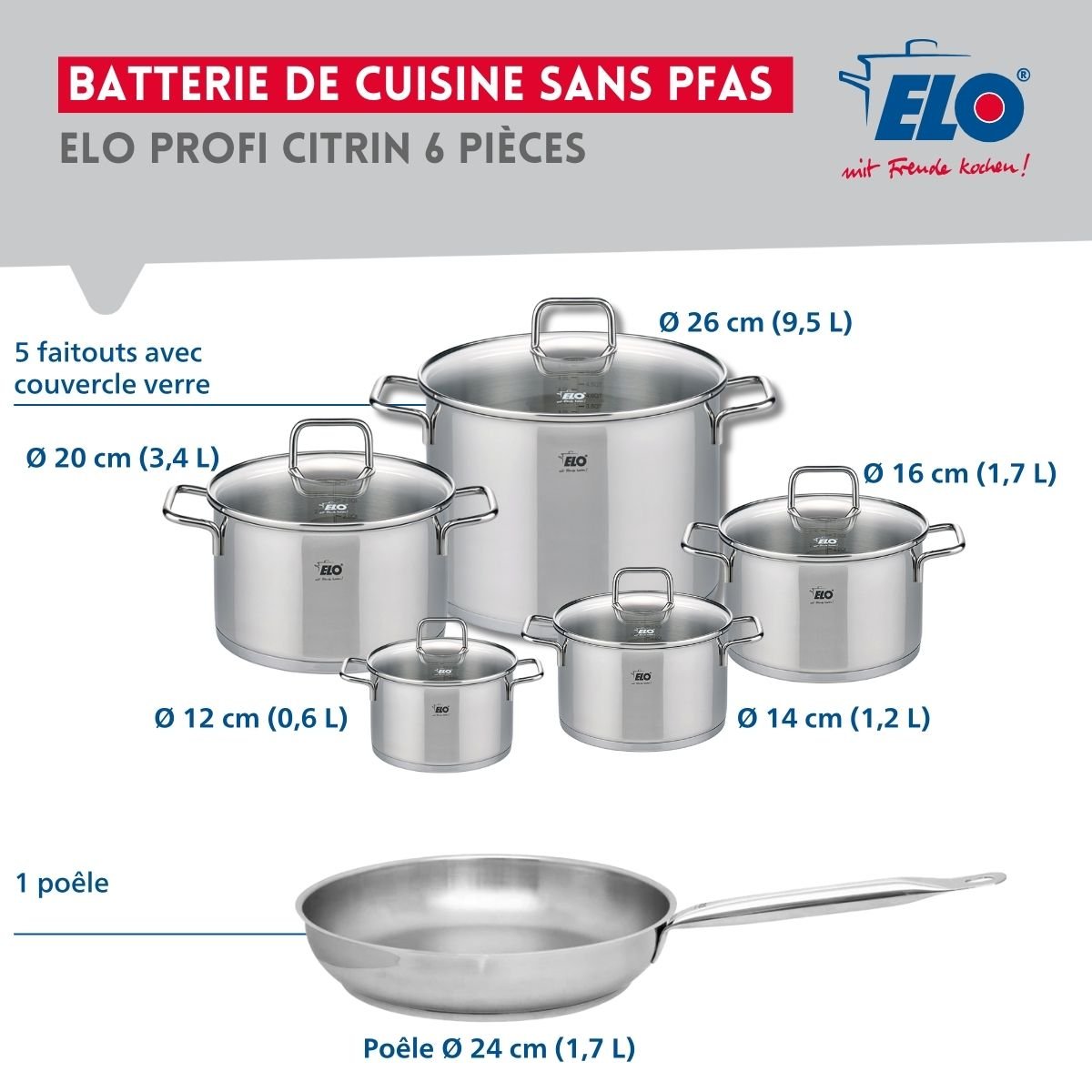 Batterie 1 poêle 24cm + 5 faitouts 12/14/16/20/26cm PROFI CITRIN gris, ELO