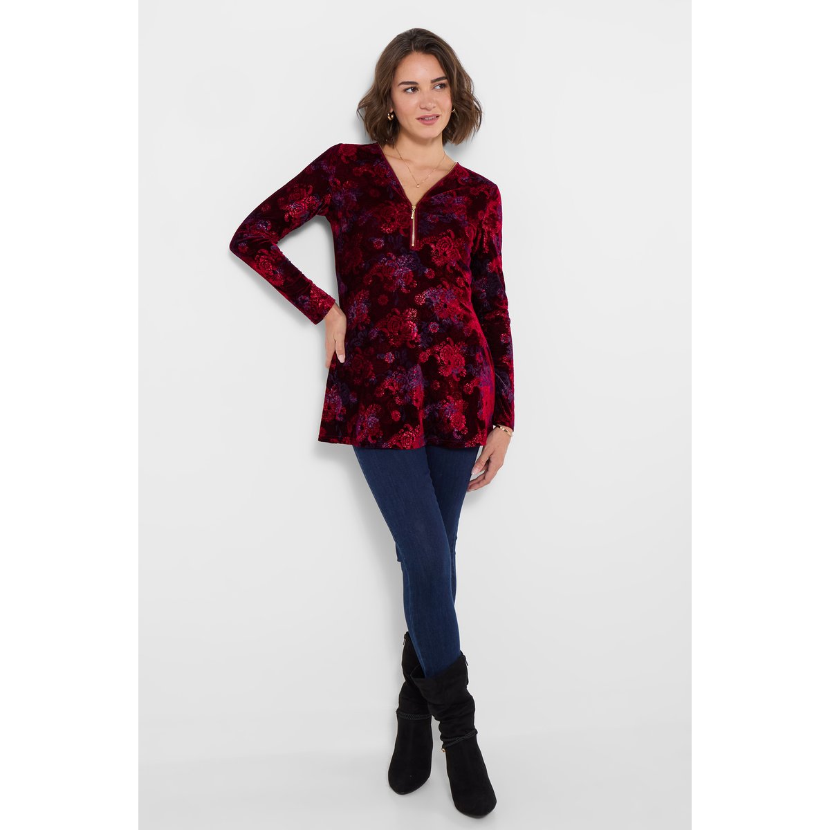 Tunique Imprimée en Velours Zippée Hazel rouge, JOE BROWNS
