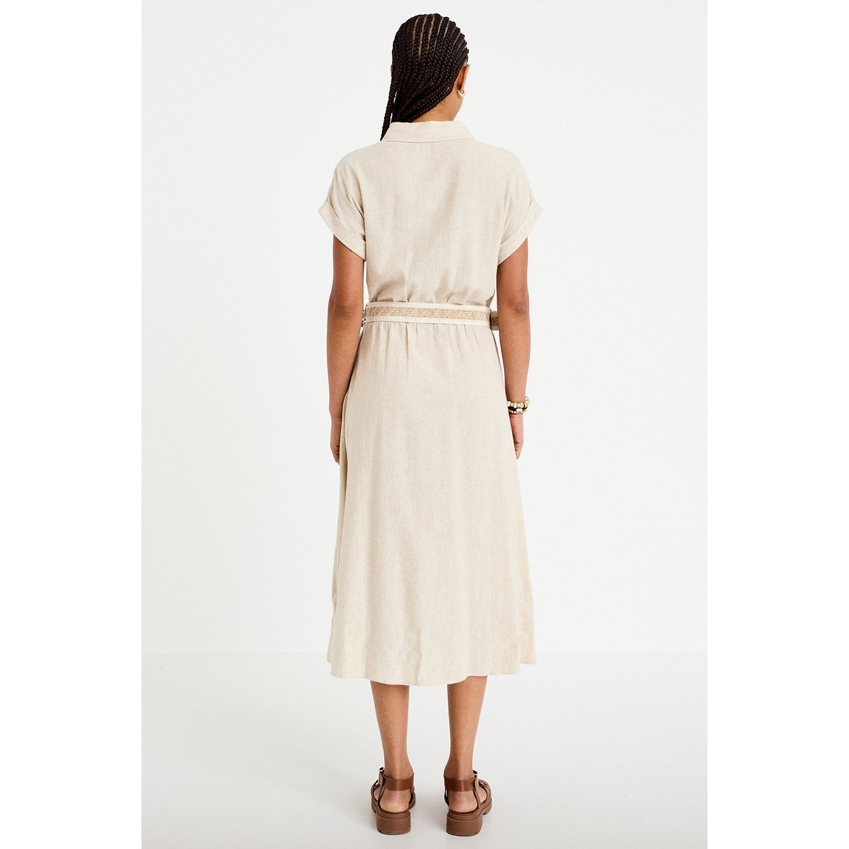 Robe évasée 3/4 col chemise ceinture beige, CACHE CACHE