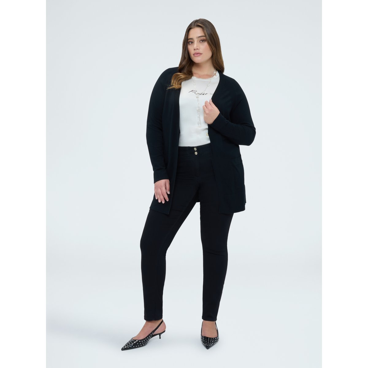Cardigan long avec encolure en V en maille fine noir, FIORELLA RUBINO