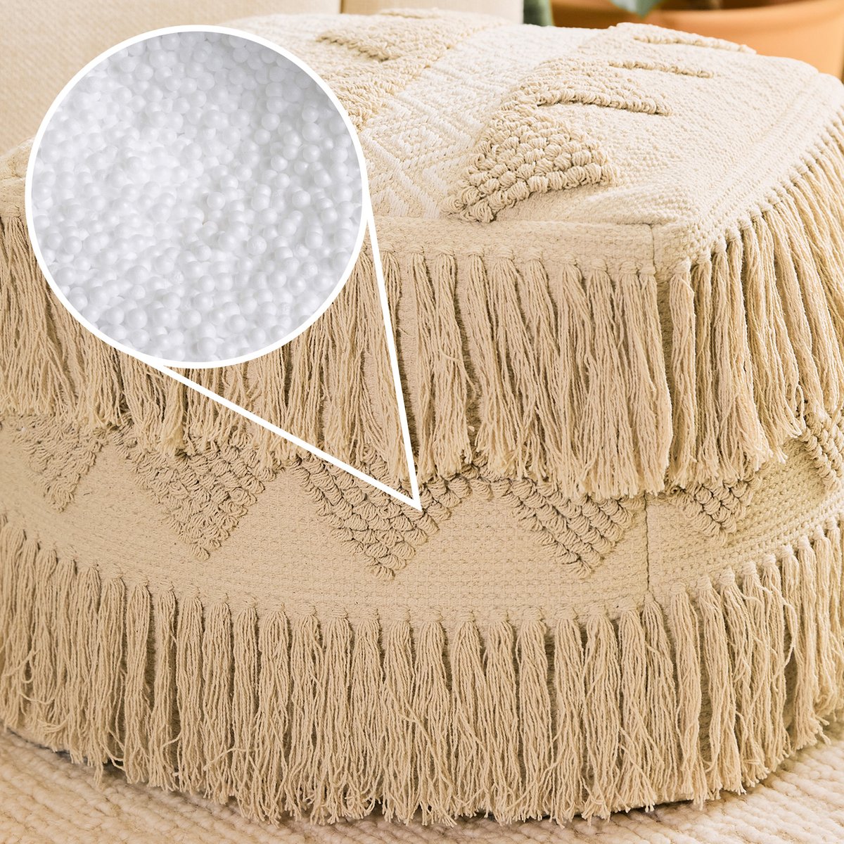 Pouf repose-pieds carré en coton capitonné bohème Oeko-Tex® - CALLI beige naturel, ICON