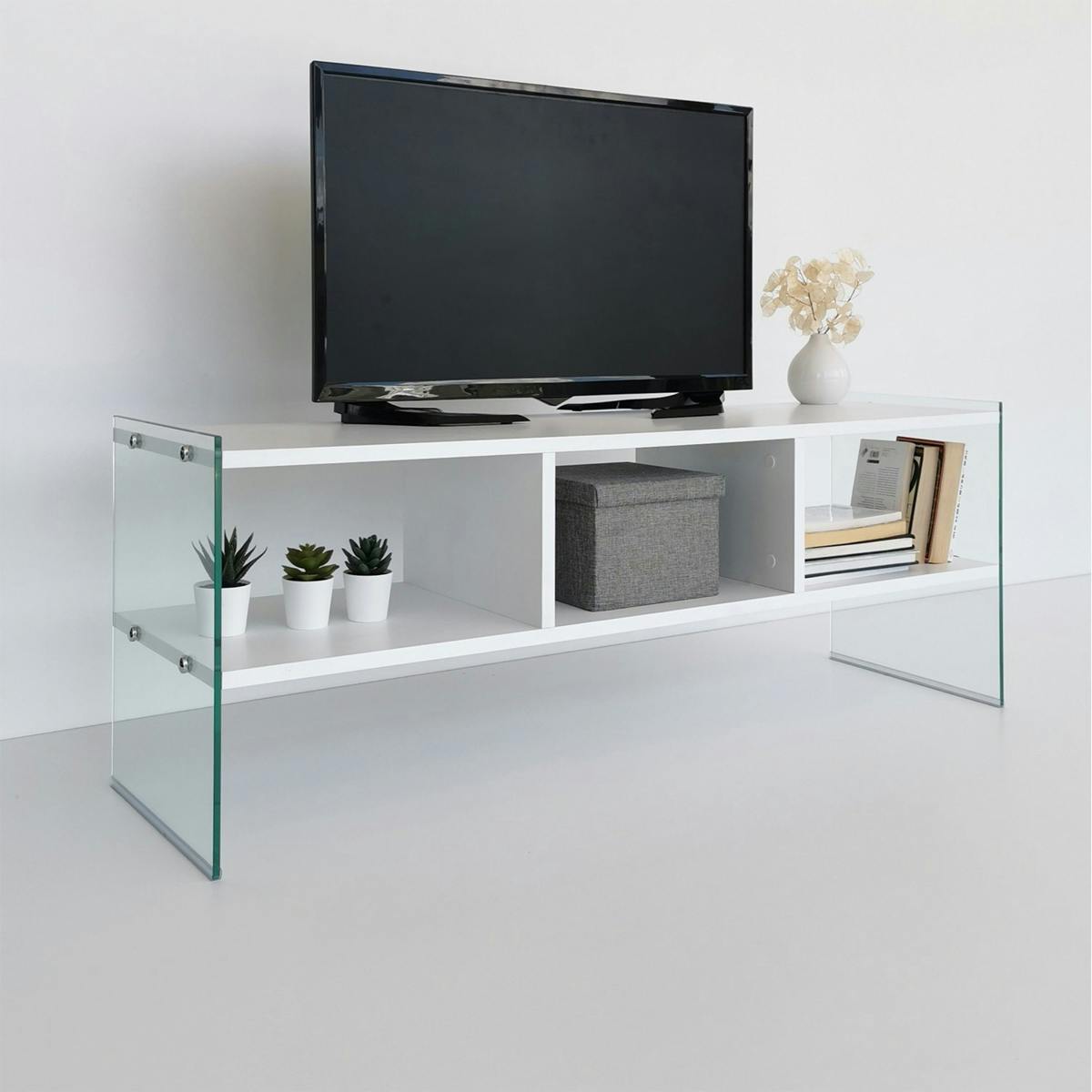 Meuble TV design 2 niveaux pieds verre SALTA blanc, PIER IMPORT