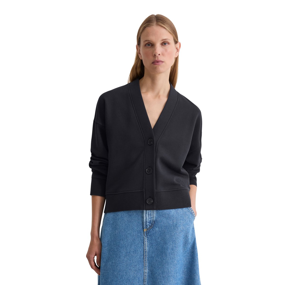 Sweat-Cardigan relaxed avec poignet en tricot côtelé bleu foncé, MARC O'POLO
