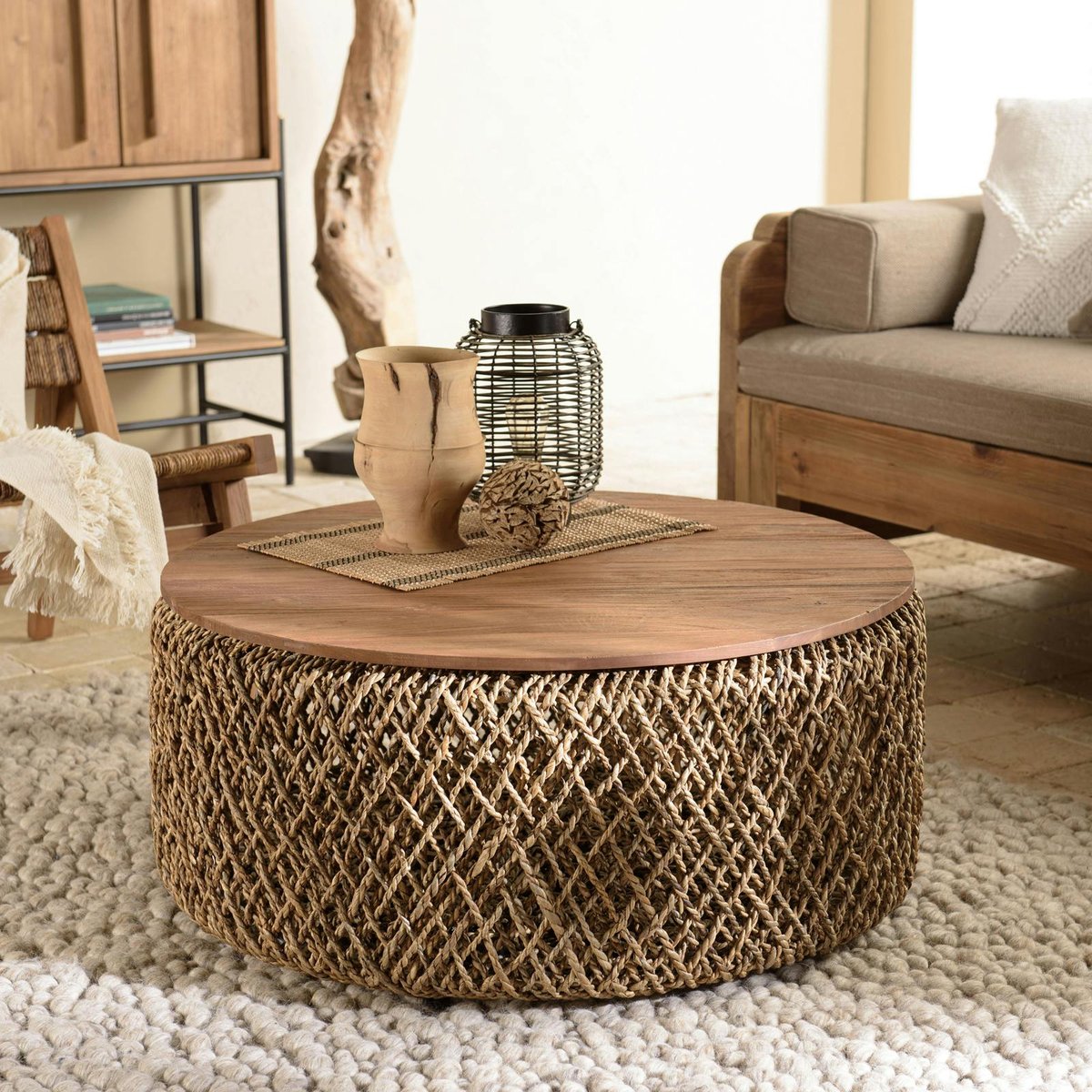 Table basse ronde 83 cm fibre tressée et bois SWING bois naturel, PIER IMPORT