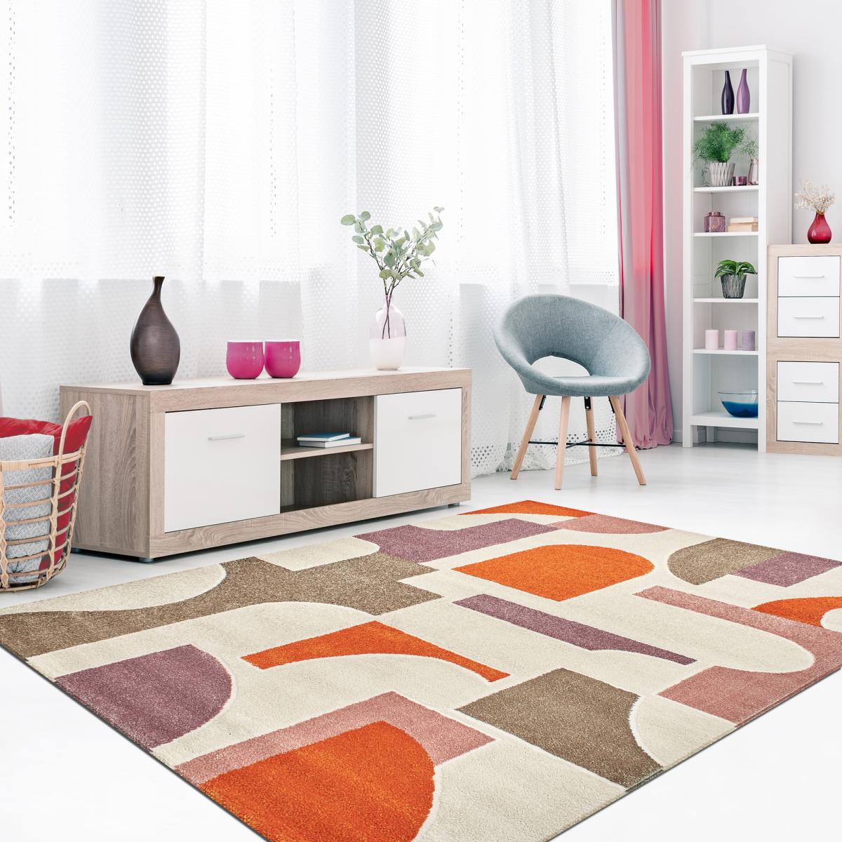 Tapis salon et chambre tissé motif géométrique ECHO 3 gris, beige, orange, UN AMOUR DE TAPIS