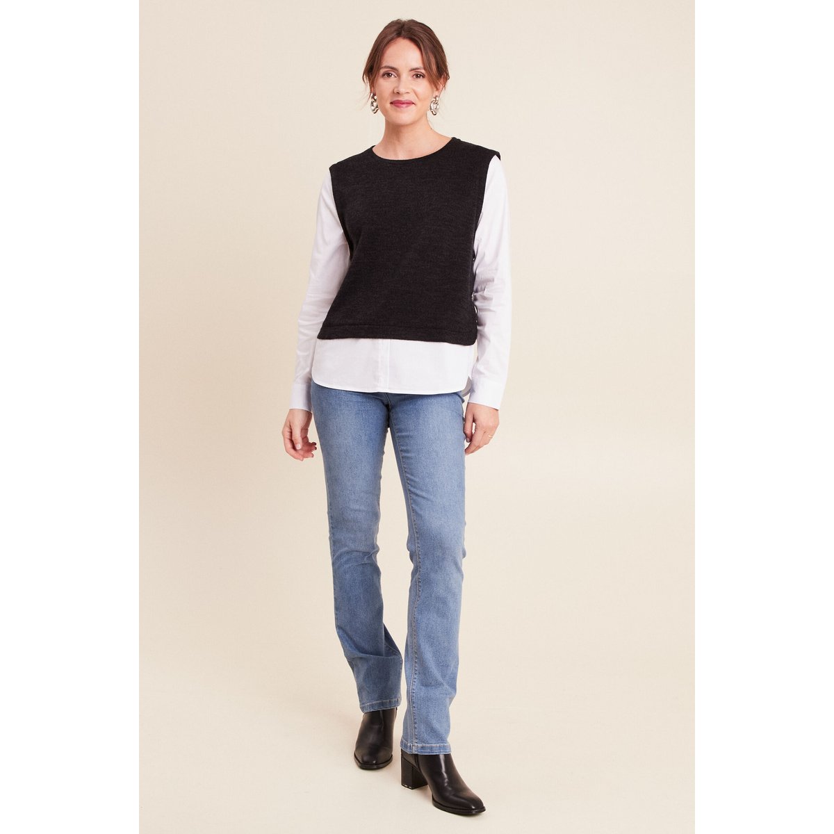 T-shirt 2 en 1 col rond manches longues noir, BREAL