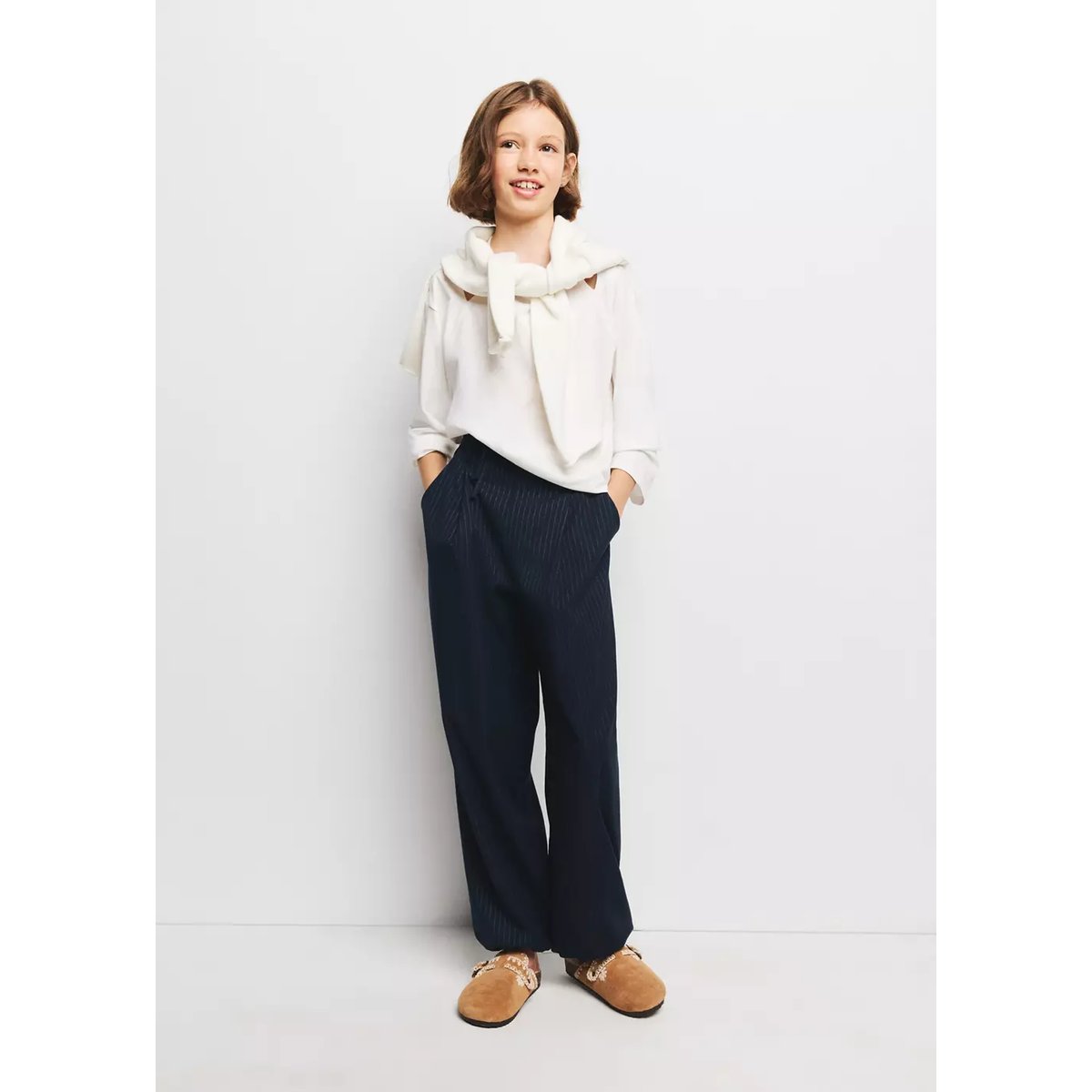 Pantalon bouffant à rayures tennus en fil textile bleu marine, MANGO KIDS