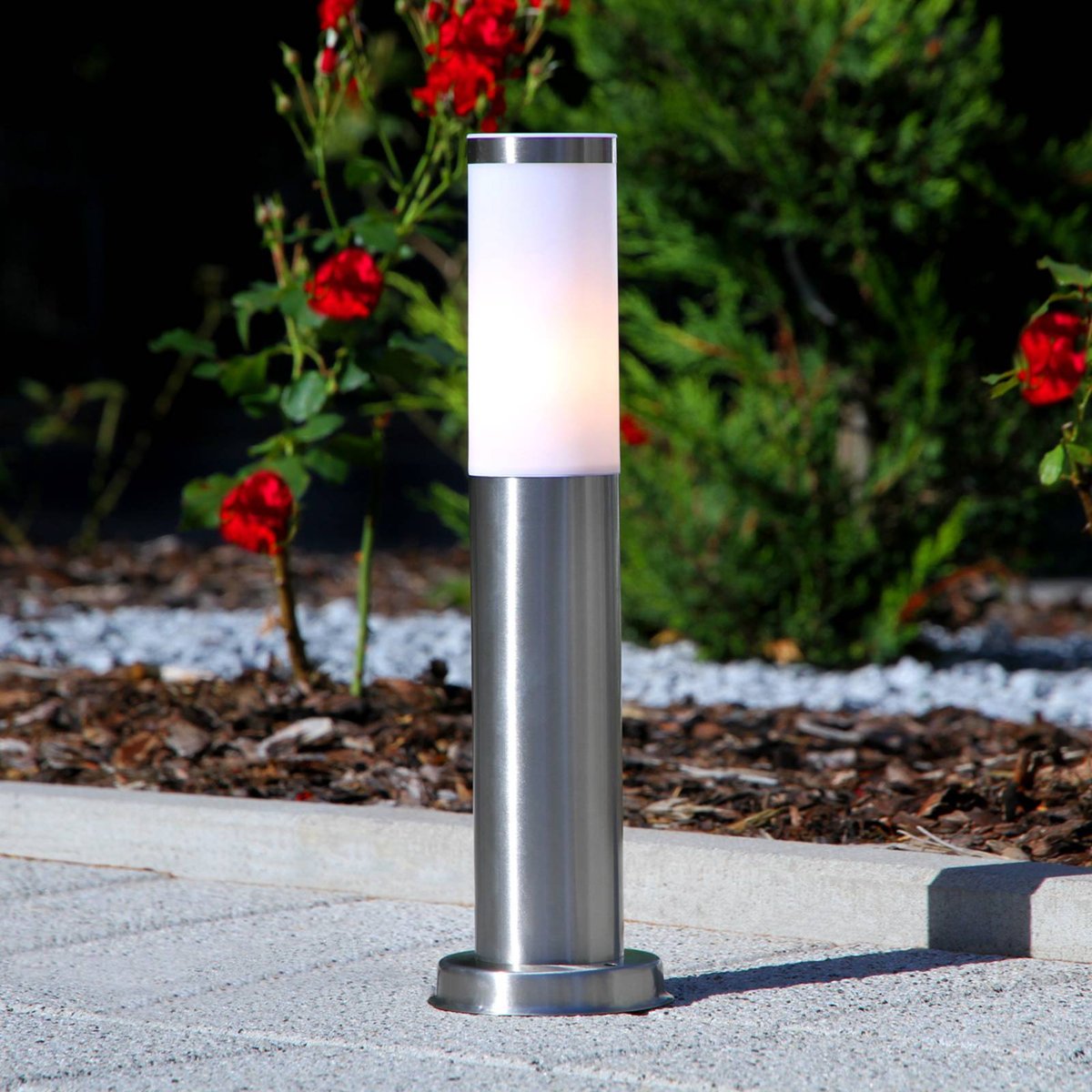 Luminaire extérieur en inox moderne, Kristof acier inoxydable, blanc, LINDBY
