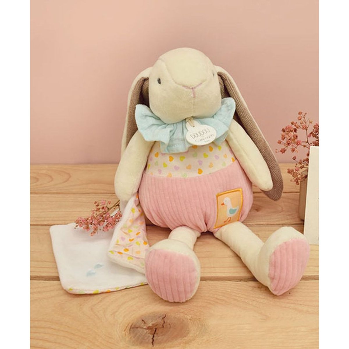 Peluche lapin rose avec son doudou couleur unique, DOUDOU ET COMPAGNIE
