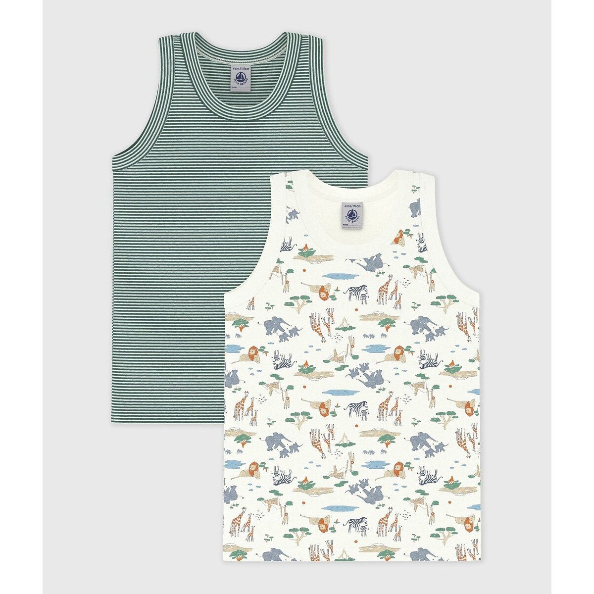 Pack of 2 Children's Cotton Vests printed + green, PETIT BATEAU