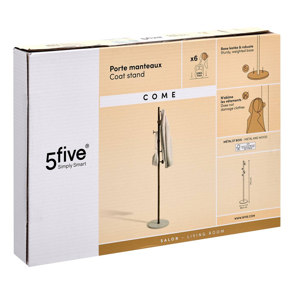 Porte-manteaux 6 patères avec base en quartz COME marron, 5FIVE SIMPLY SMART