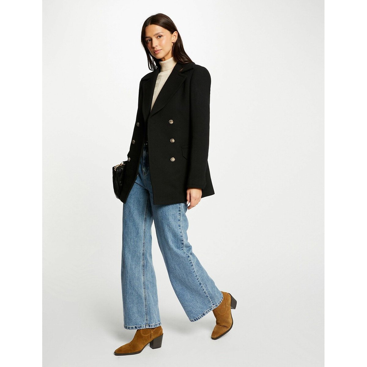 Manteau mi-long fermeture boutonnée noir, MORGAN