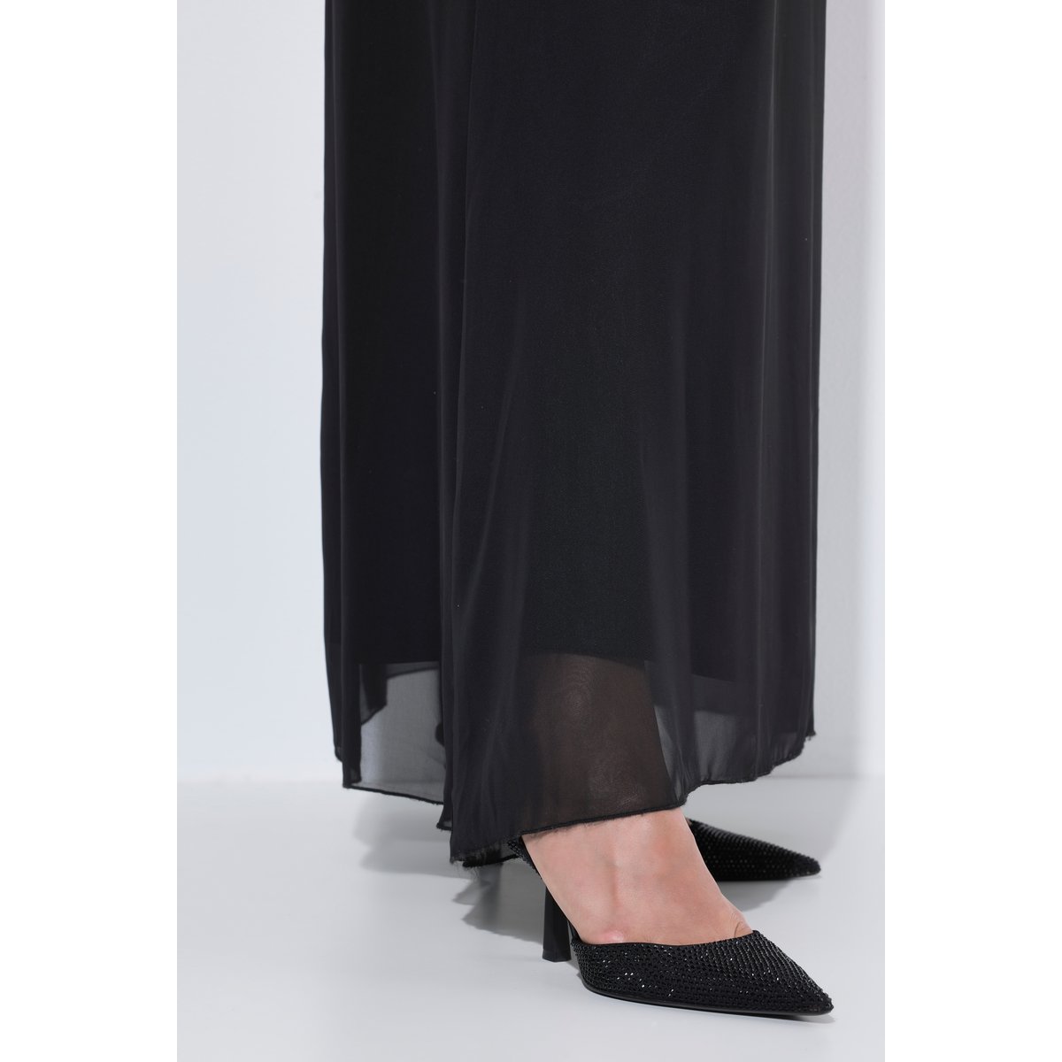 Robe maxi en mousseline, paillettes noir, ULLA POPKEN