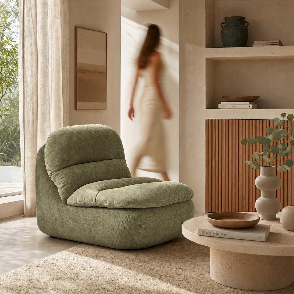 Chaise longue en tissu moelleux vert, RECOLLECTION