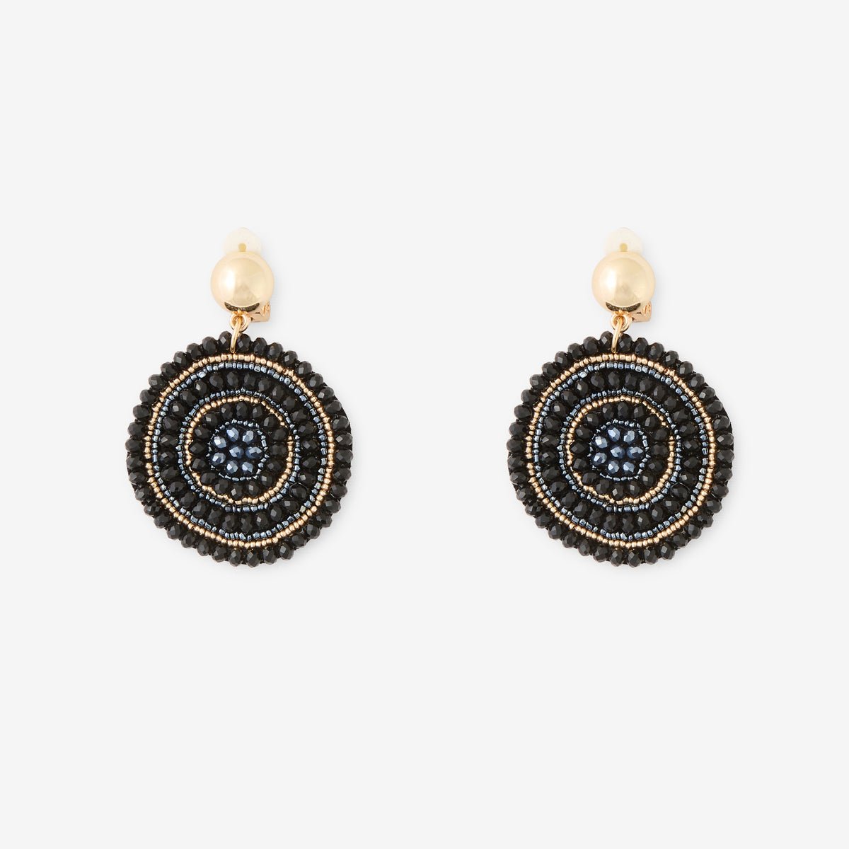 Boucles d'oreilles clips - disques en perles de rocaille noirs et dorés noir, BALABOOSTE