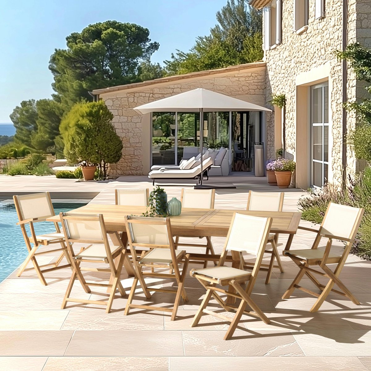 Ensemble de repas de jardin en teck table extensible et 8 chaises ALERIA bois naturel, PIER IMPORT