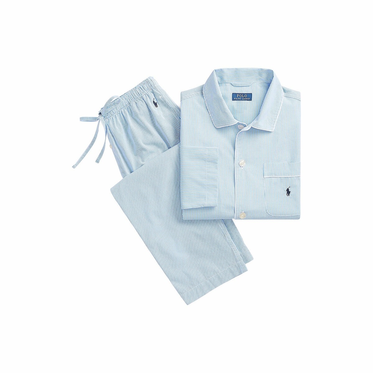 Pijama largo de popelín con estampado vichy azul claro, POLO RALPH LAUREN