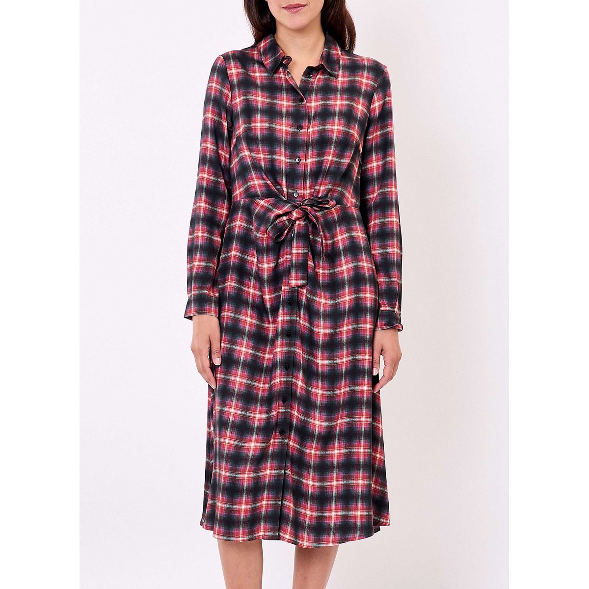 Robe chemise midi fluide à nouer TESSY rouge check, LA FIANCÉE