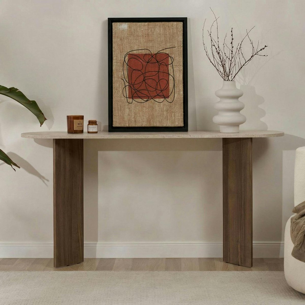 Console design - pieds en V MARFA noyer et travertin, PIER IMPORT