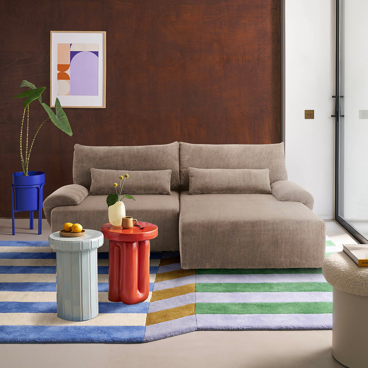 Hoekbank met koffer, ribfluweel, MAONA taupe , LA REDOUTE INTERIEURS