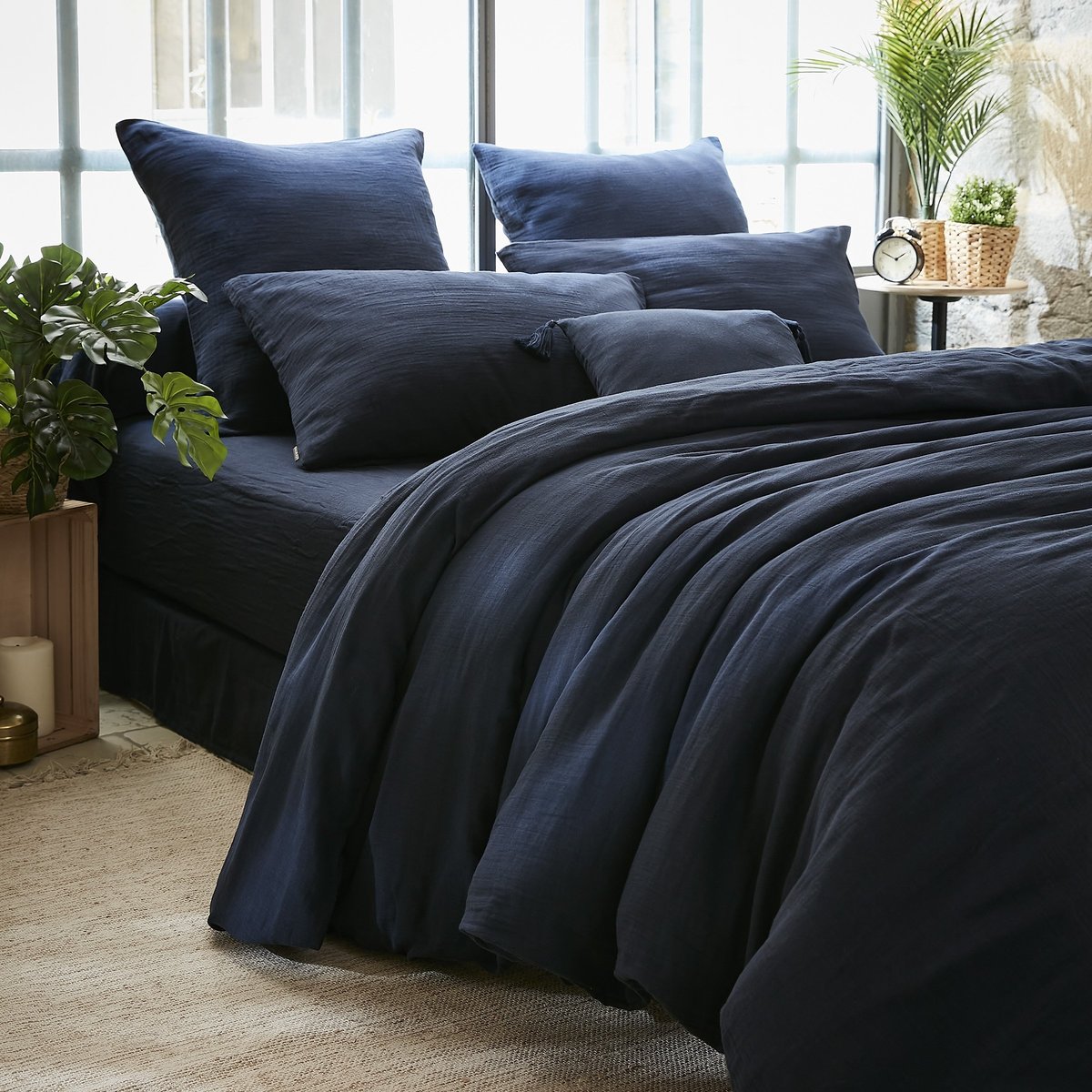 Housse de couette en double Gaze de Coton Gaia bleu marine, EDEN