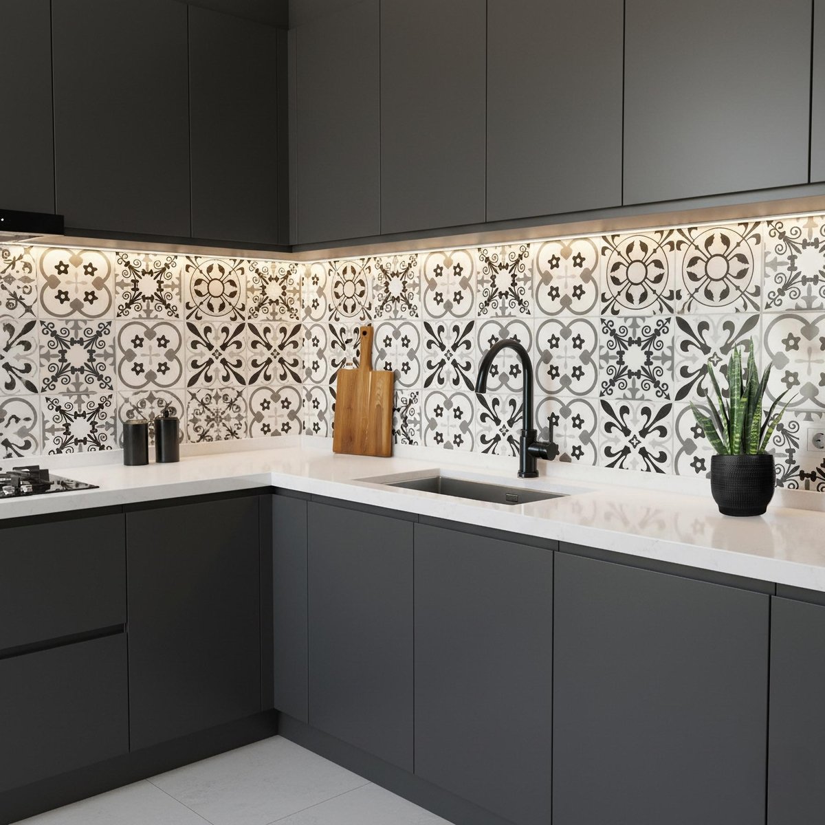 Crédence adhésive murale 3D motifs carreaux de ciment 4 pièces couleur unique, DOUCEUR D'INTÉRIEUR