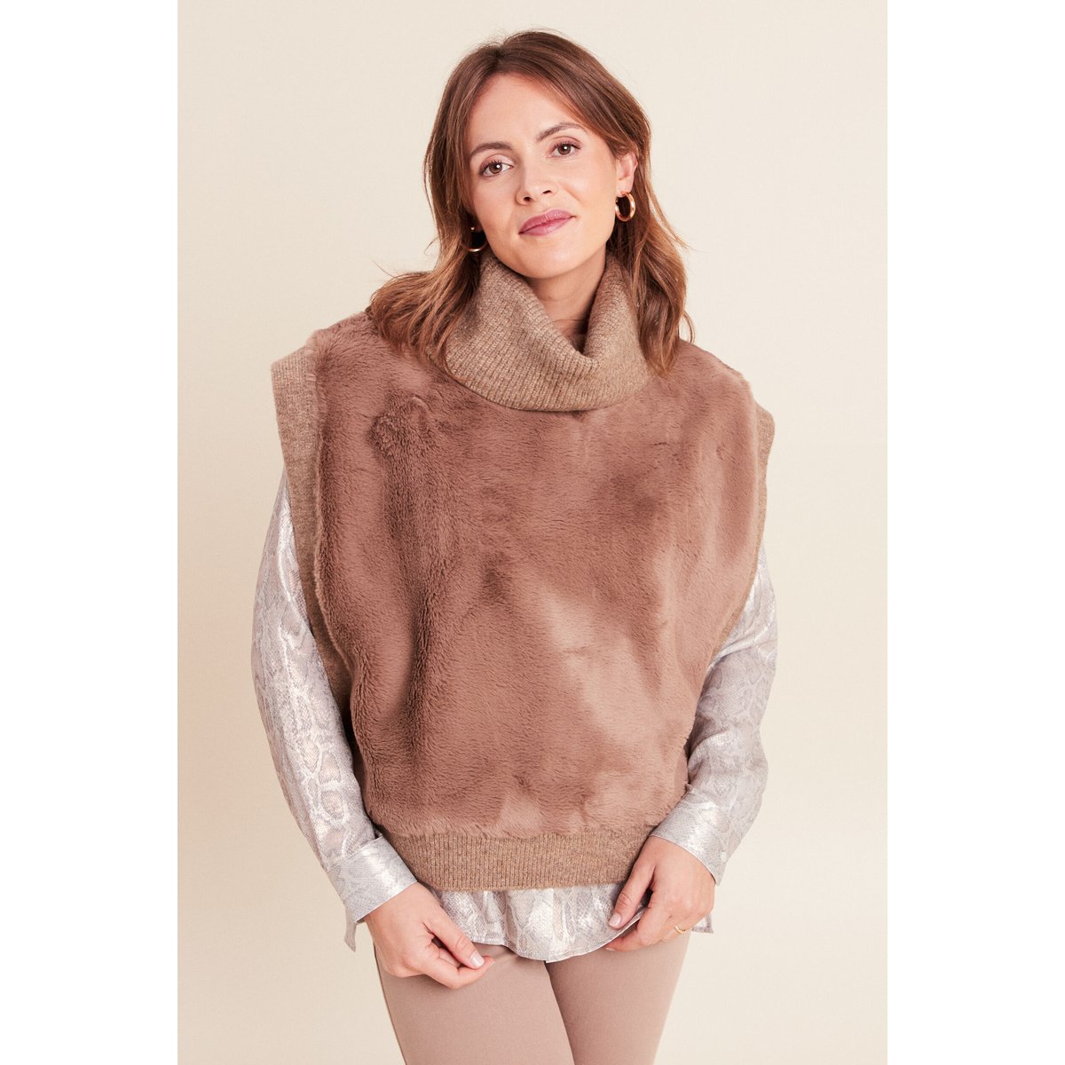 Pull sans manches col roulé marron, BREAL