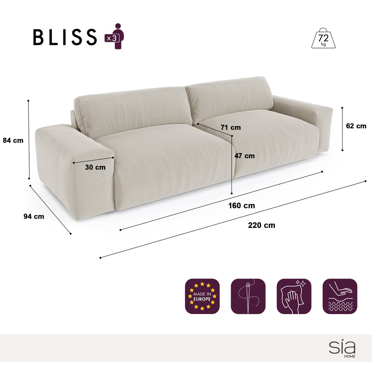 Canapé 3 places en velours BLISS crème, SIA HOME
