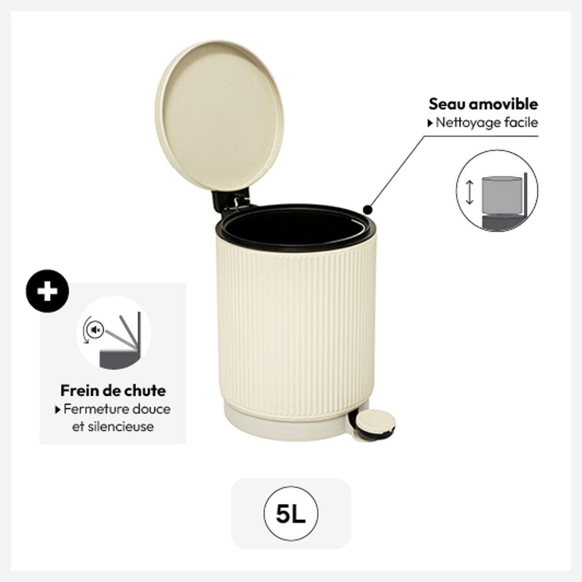 Poubelle salle de bain 5L design cannelé ONYX beige, 5FIVE SIMPLY SMART