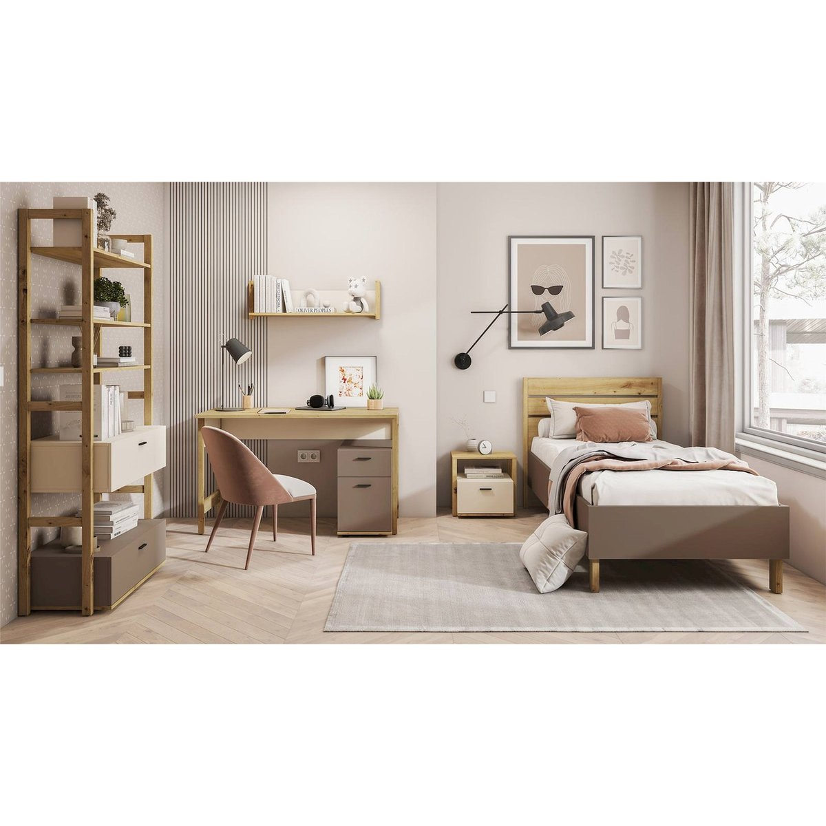 Bureau ado avec caisson intégré LENNY chêne artisan, beige et truffe, RECOLLECTION