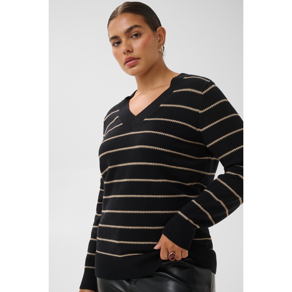 Pullover tricoté noir beige black/desert taupe m. stripe, KAFFE CURVE