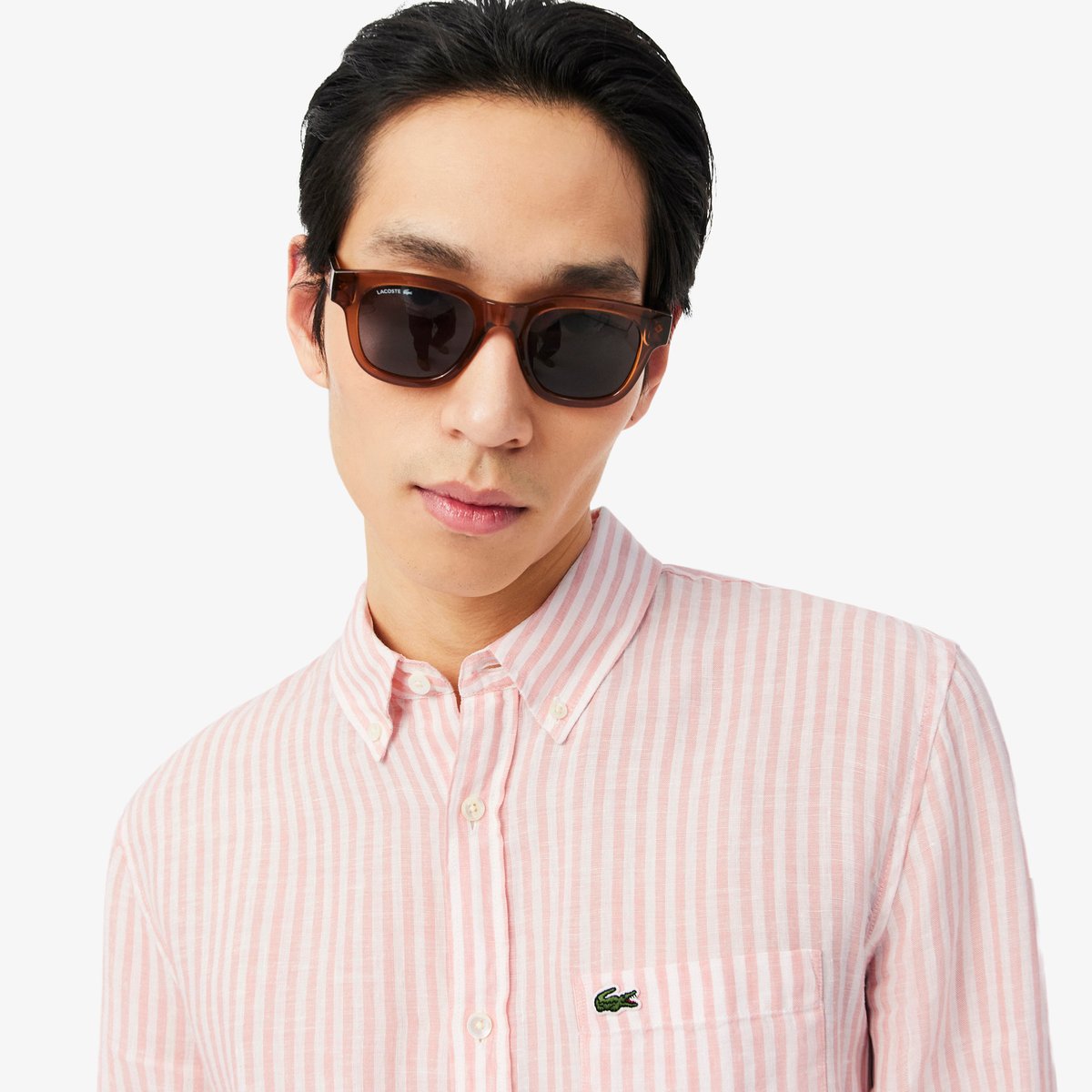 Chemise regular fit en lin rayée rose-tim, LACOSTE