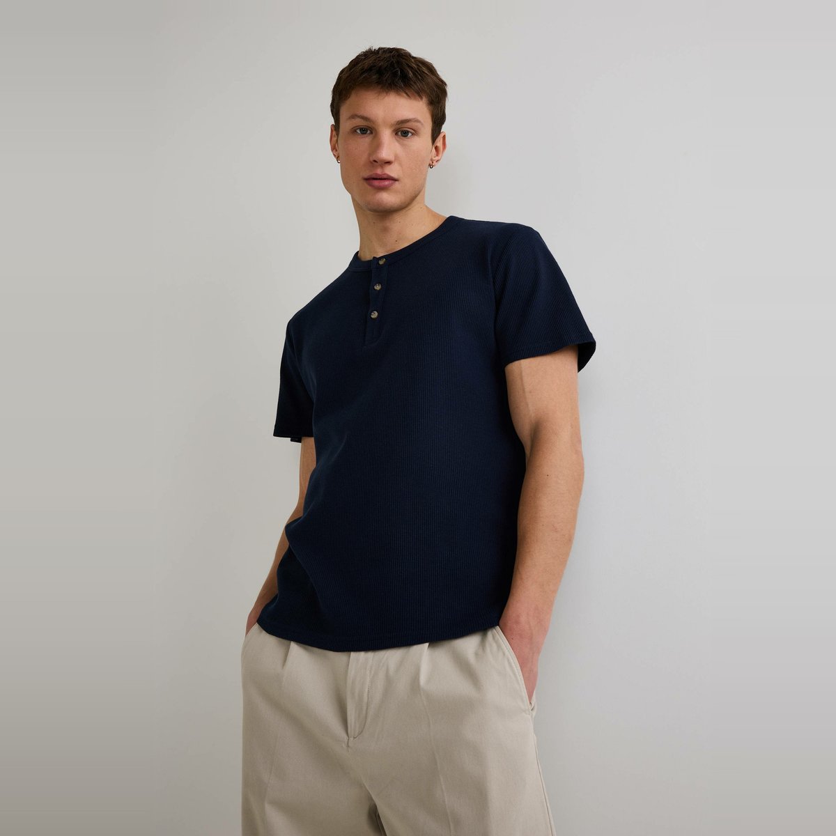 T-shirt manches courtes col tunisien gaufré en coton BIO GOTS marine, MONOPRIX
