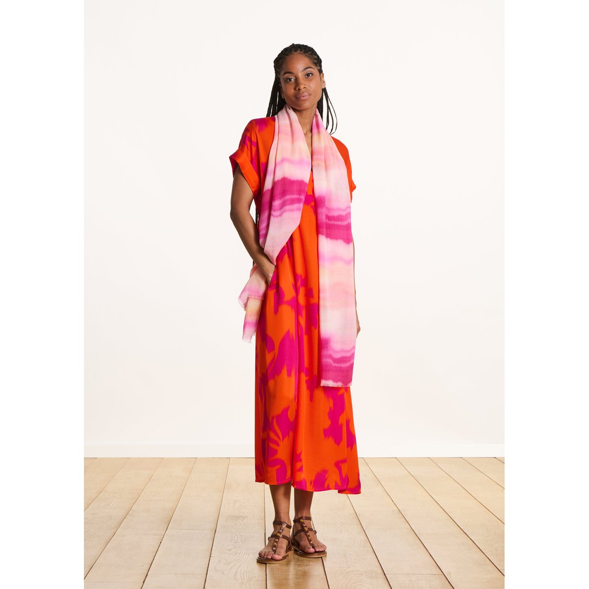 Foulard à rayures imprimé tie & dye en coton et modal rose, LA FEE MARABOUTEE
